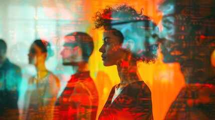 Abstract people, vibrant colors, digital overlay