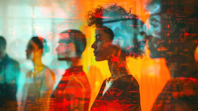 Abstract people, vibrant colors, digital overlay