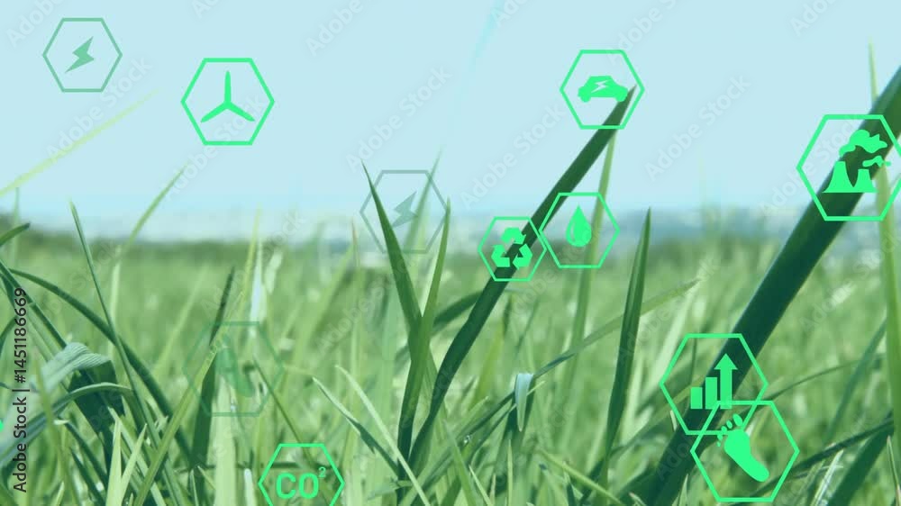 Poster hexagonal green icons floating over meadow showing renewable energy symbols in animated flat design