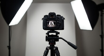 A digital camera is set up on a tripod in a photography studio with lights ready to shoot.