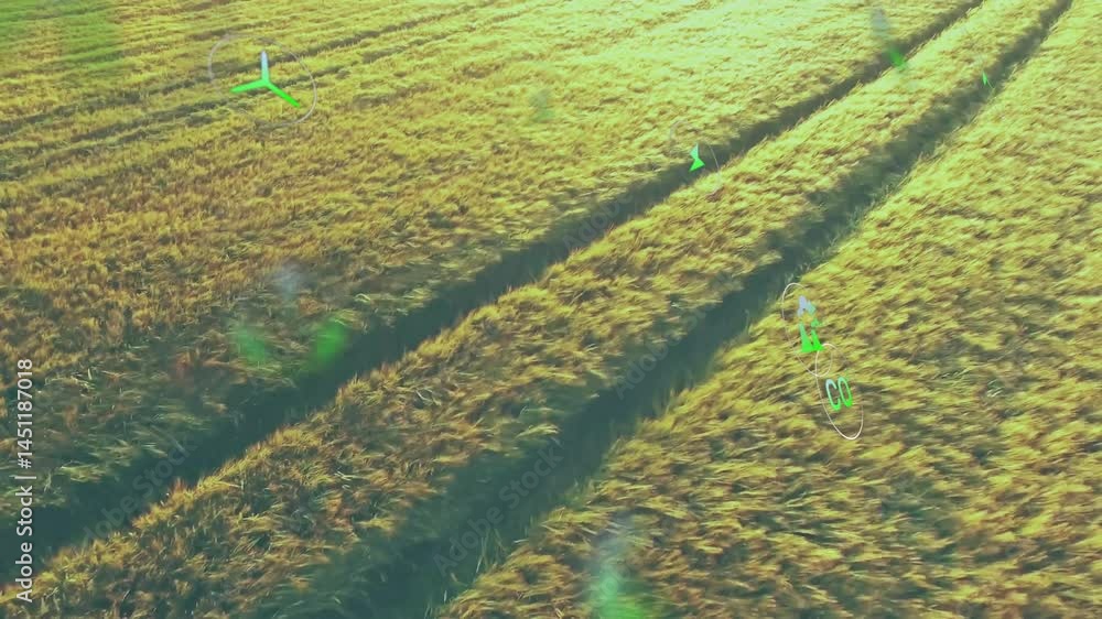 Poster aerial crop field showing floating green hud icons, highlighting co? and wind turbines in 3d render