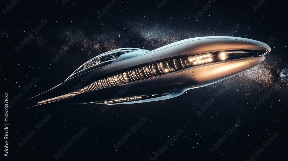 Poster futuristic spaceship design modern spaceship in deep space stellar background galactic travel advanc