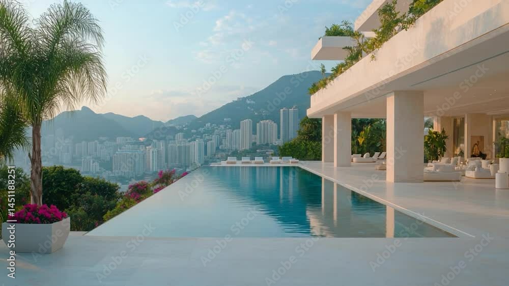 Poster luxury villa featuring an infinity pool overlooking a cityscape and mountain range. palm tree and vi