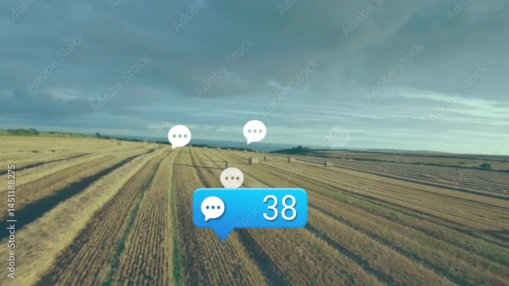 Poster blue comment bubble showing 47 floating above golden field rows with hay bales and white icons