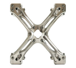 A silver metal piece with four legs and a square cross section