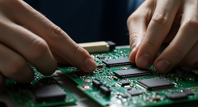 A person carefully works on a circuit board, assembling electronic components.