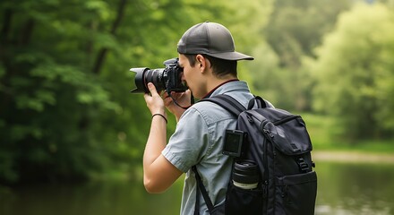 Young photographer immersed in nature, capturing the perfect moment with a professional camera.