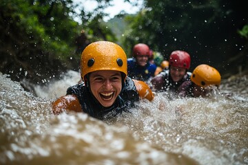 Joyful River Rafting Adventure Thrilling Water Sports Extreme Summer Fun Exciting Whitewater Rafting Group Activity Energetic Outdoor Recreation Happy Smiling People     