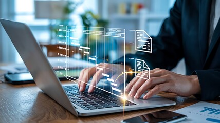 Business Professional Analyzing Project Timeline On Laptop For Strategic Planning And Data Driven Decision Making In Modern Office Setting