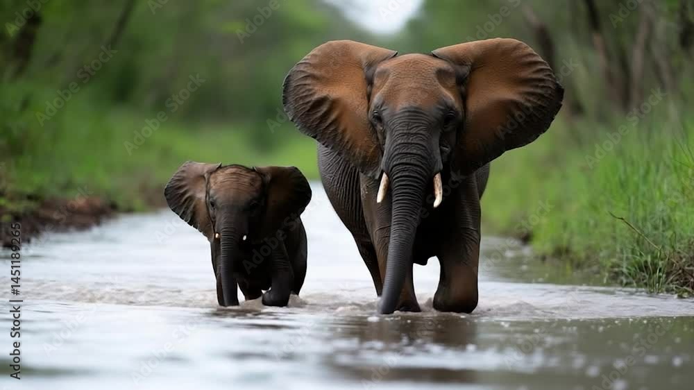 Poster two elephants walk through a river. the water splashes creating a dynamic scene. the adult has large