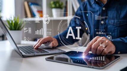 Businessman Analyzing Ai Data On Laptop And Tablet Enhancing Business Intelligence And Digital Transformation For Datadriven Decision Making In Corporate Sector