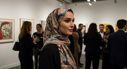 Woman in Hijab at Art Gallery Opening