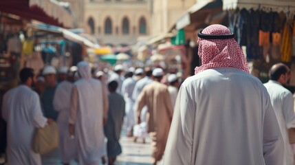 Crowded marketplace street scene of numerous people.