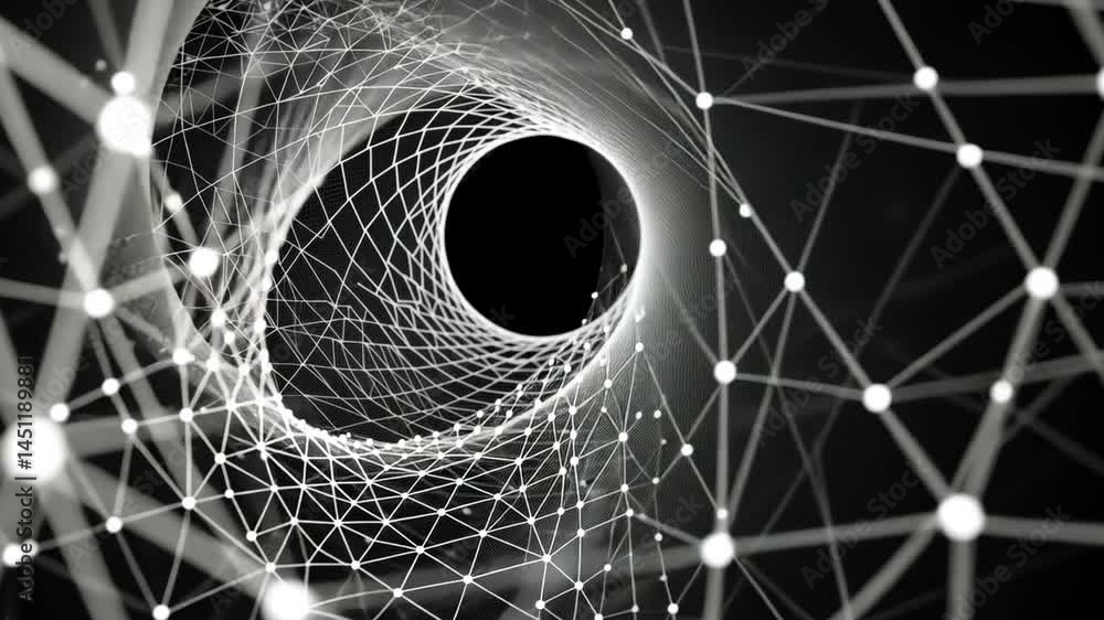 Poster mesmerizing abstract visualization of tunnel with interconnected lines and nodes, exploring depth an