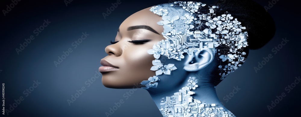 Poster surreal cosmic vision of a human face merging with futuristic patterns in a double exposure style ag