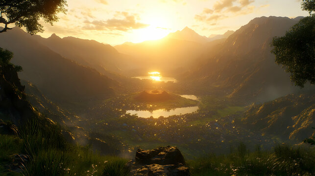 Golden Sunset Over Mountain Valley Cityscape