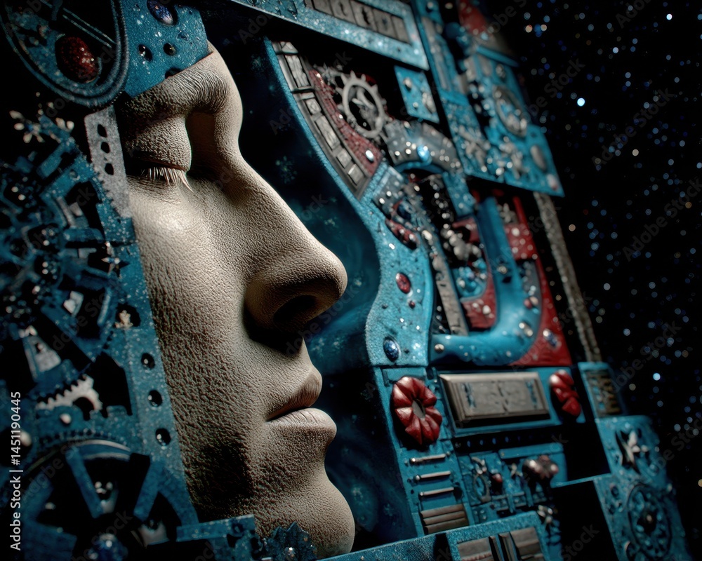 Poster surreal cosmic vision of a dreamlike face embedded in a space-inspired landscape with intricate geom
