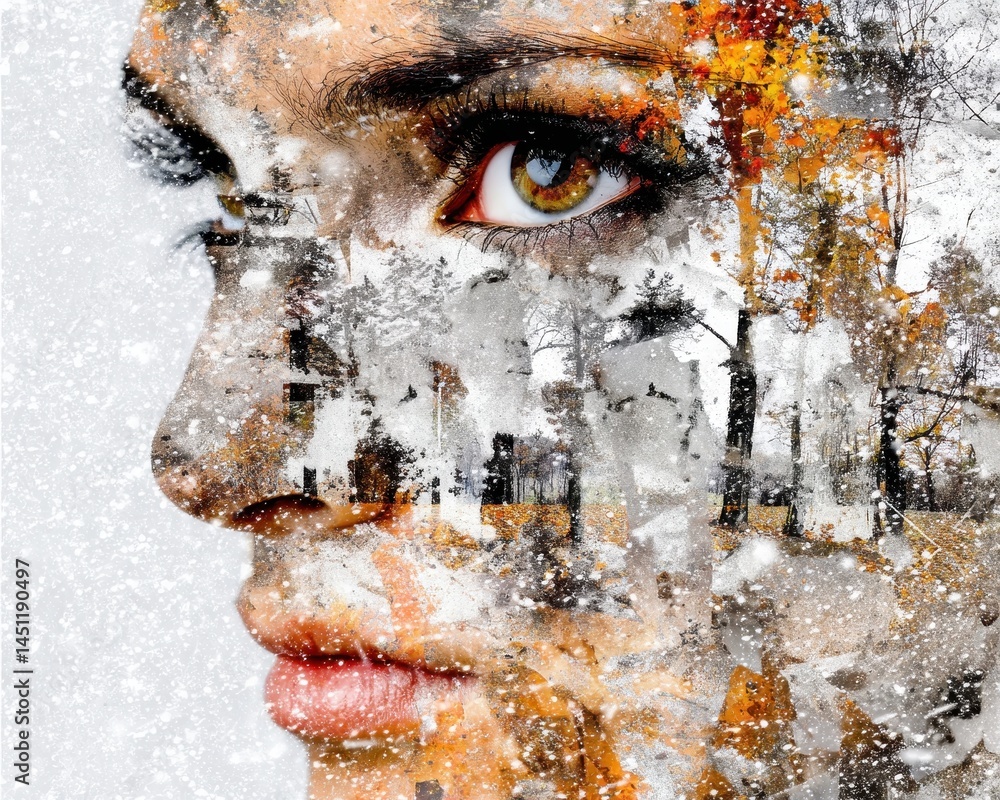 Poster surreal cosmic vision featuring double exposure of an enigmatic face merging with space elements and