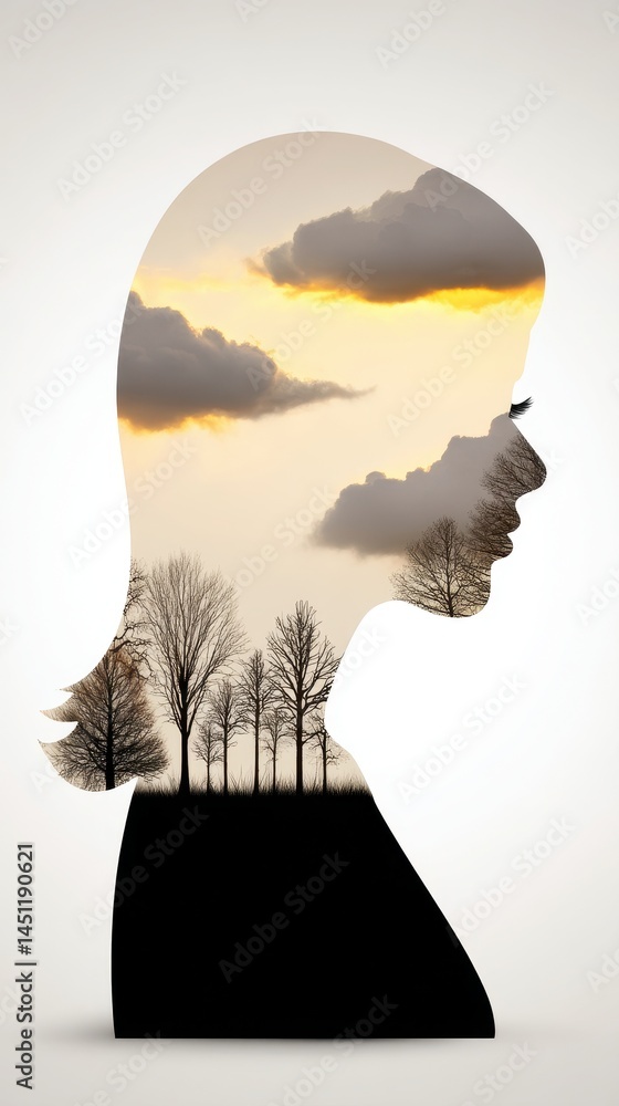 Poster surreal double exposure portrait blending nature and cosmic elements in a beautifully designed silho
