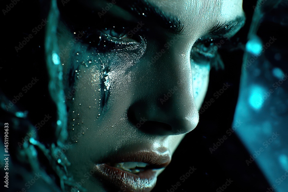 Poster surreal cosmic vision with double exposure of an ethereal face surrounded by mystical elements and c