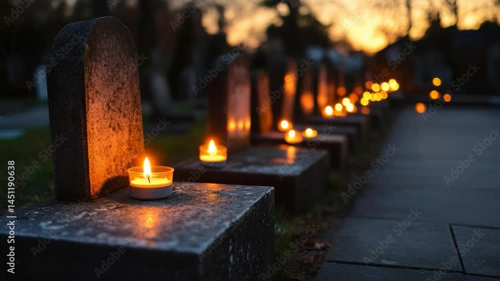 Poster Candlelit graveyard scene at dusk with glowing flames illuminating tombstones in a row creating a serene memorial ambiance against a blurred evening sky background