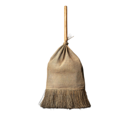 A broom with a brown bag hanging from it