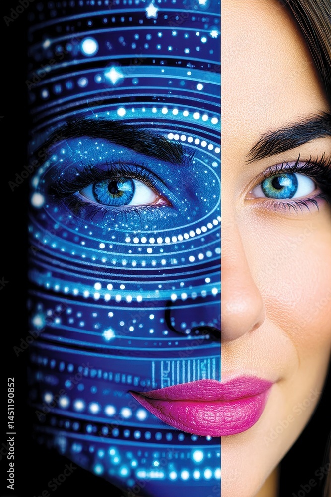 Poster surreal cosmic vision with double exposure of human face merging with stars and space patterns for d
