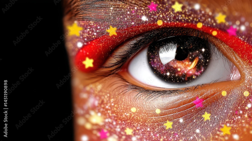 Poster surreal cosmic vision with double exposure effect of shimmering stars within an eye capturing the es