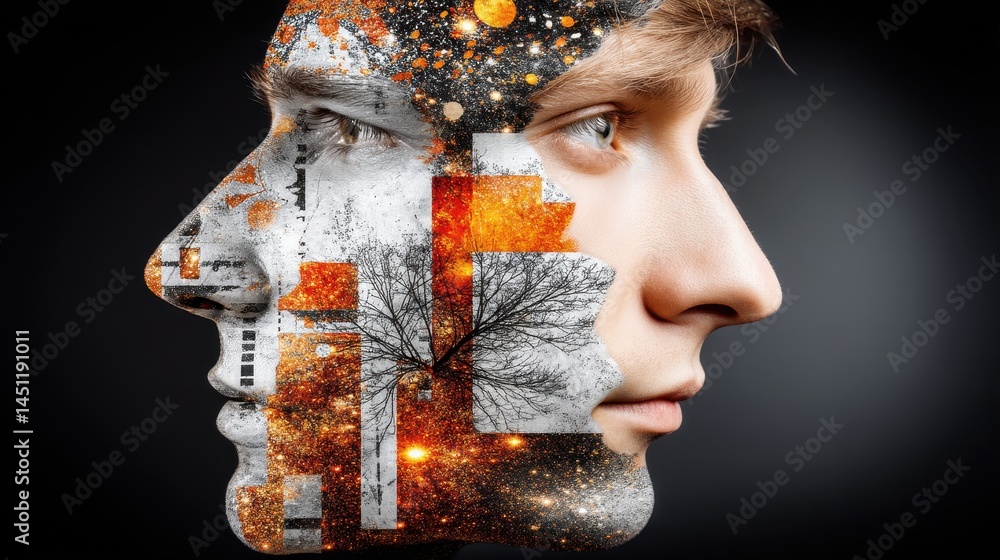 Poster surreal cosmic vision with double exposure of faces merging into space and galactic elements for dre