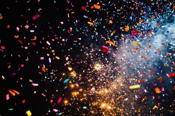 A vibrant burst of colorful confetti and sparkles illuminates a dark background, capturing the essence of celebration and joy. Perfect for festive themes.