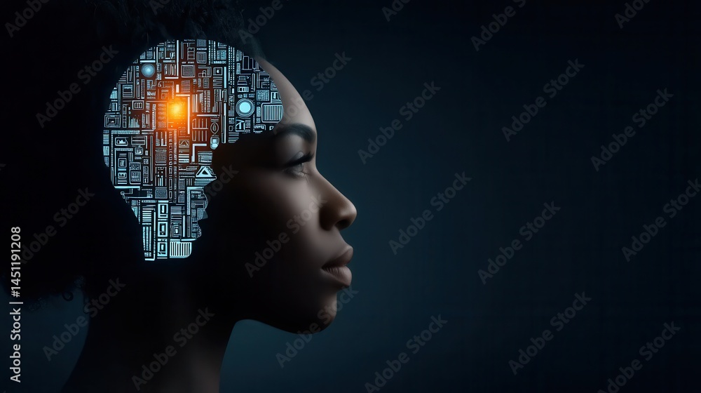 Aufkleber surreal cosmic vision of a profile silhouette merging with technological patterns and double exposur