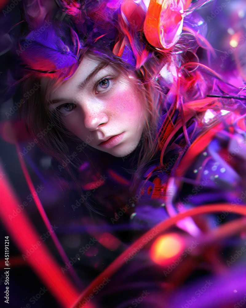 Poster surreal cosmic vision with double exposure of a facial portrait surrounded by colorful space element