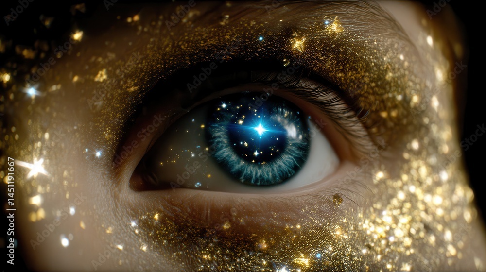 Poster surreal cosmic vision with double exposure of a glimmering eye and space elements creating a dreamli