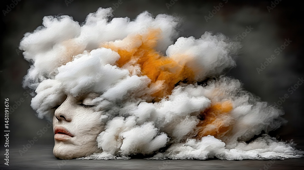 Poster surreal double exposure of a human face emerging from cosmic clouds in space with dreamy and abstrac