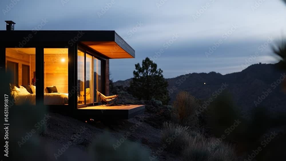 Poster modern cabin on a hillside at dusk with interior lighting and a mountain backdrop. features a chair 