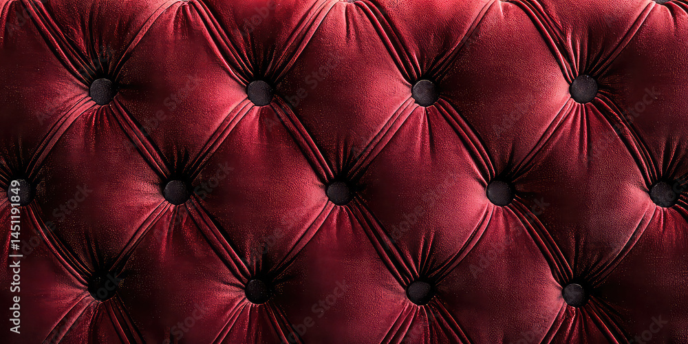 Poster a close up of a red velvet tufted cushion with dark buttons in a diamond pattern design surface