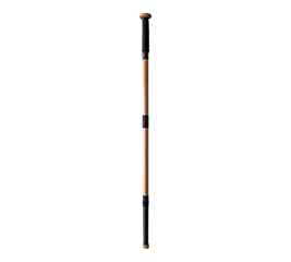 A wooden baseball bat with a black handle