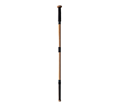A wooden baseball bat with a black handle