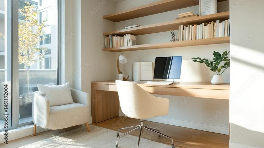 Poster a modern home office setup featuring a wooden desk chair books and decor. bright sunlight streams th