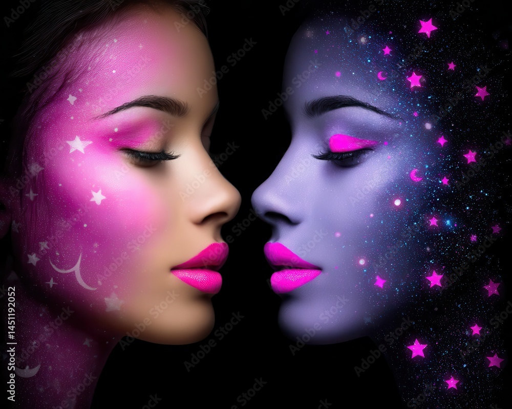 Poster cosmic double exposure portrait of surreal faces merging with space elements and dreamy colors in a 