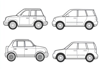 Fototapeta premium Four SUV side view illustrations, white background, design resource