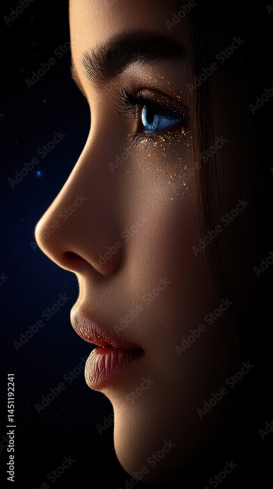 Poster surreal cosmic vision of a profile with glittering elements in a dark space background featuring a d
