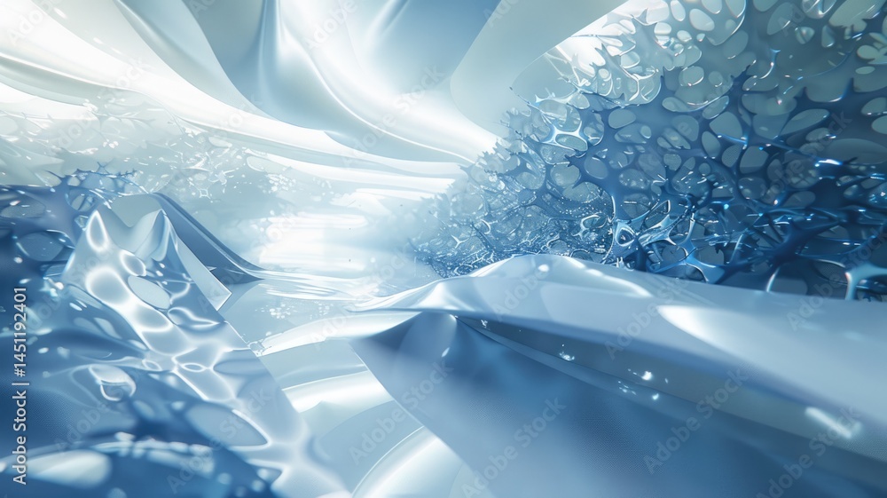Poster explore a bright futuristic visual showcasing abstract textures with smooth flowing shapes and lumin
