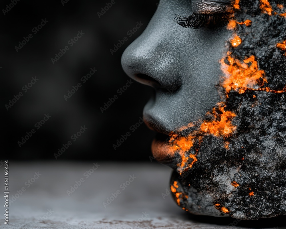 Poster surreal cosmic vision of a human face merging with elements of space and volcanic textures in double