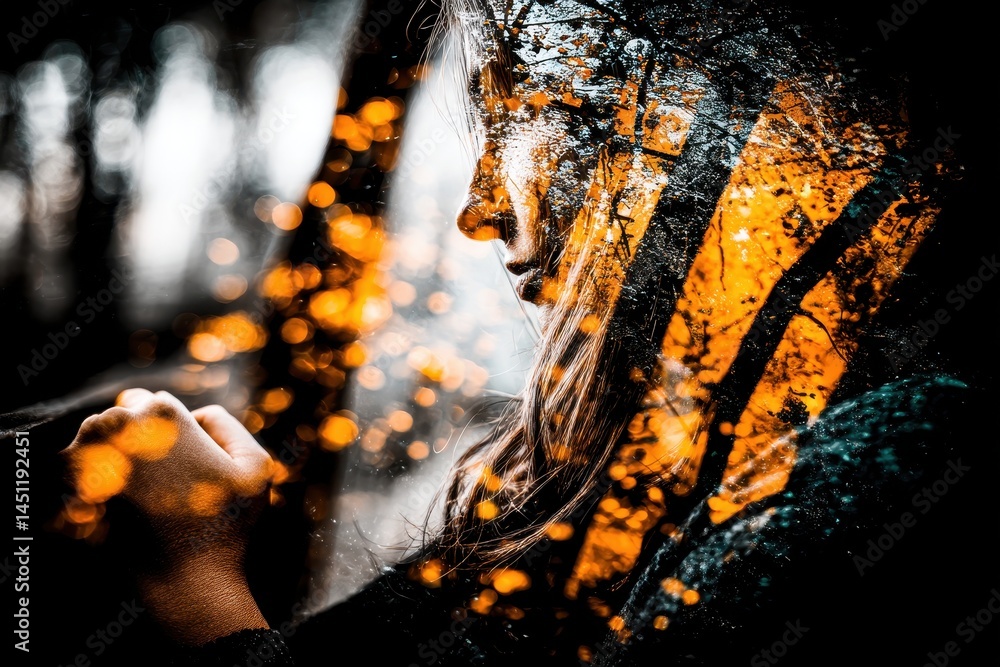Aufkleber surreal cosmic vision of a thoughtful individual with double exposure of space and natural elements 