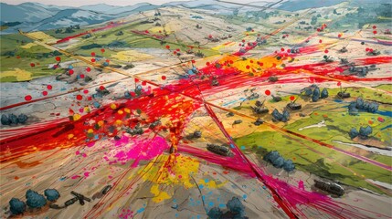 Fototapeta premium An abstract representation of a battle scene, showcasing vibrant colors like red, pink, and yellow swirling across a verdant landscape. The artwork features patterns that suggest motion and chaos, wit