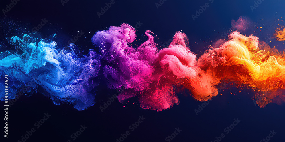 Poster abstract image of colorful smoke or ink flowing from left to right on a dark background