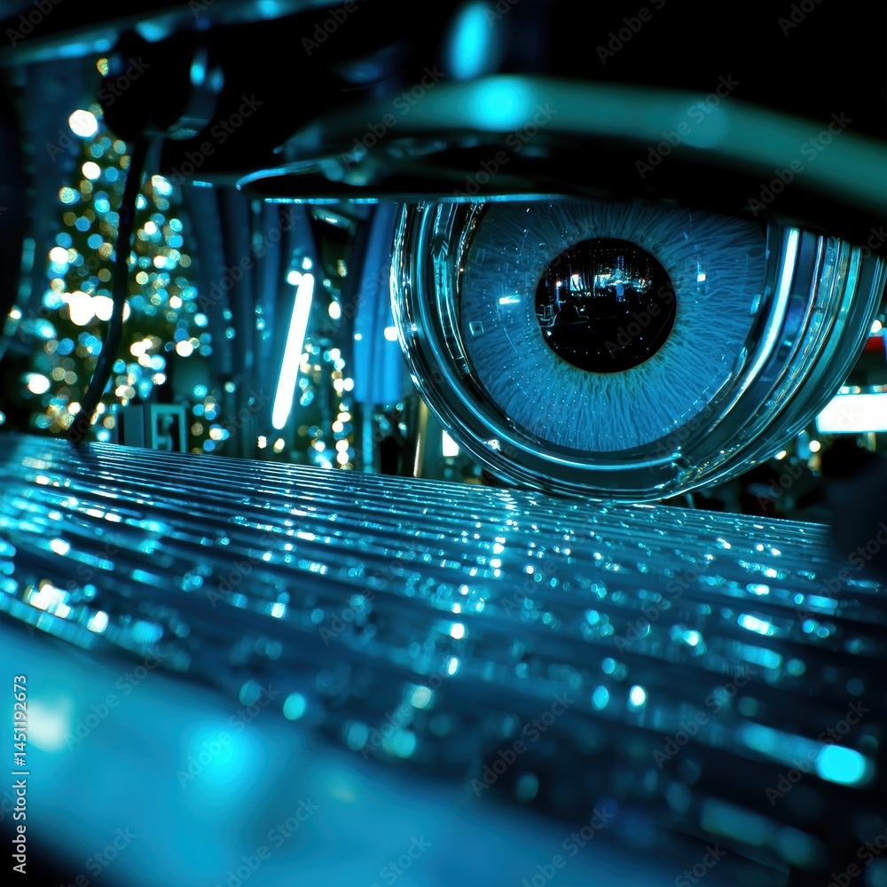 Poster surreal cosmic vision with double exposure of space elements and depth in blue tones and light refle