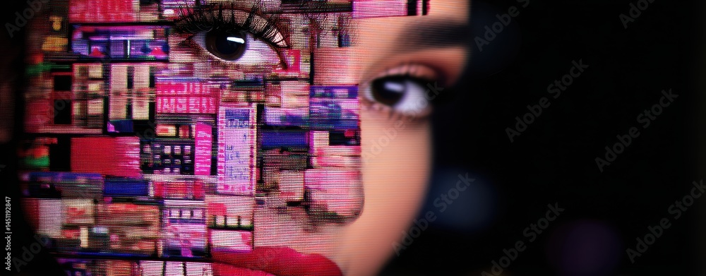 Aufkleber surreal cosmic vision with double exposure of abstract space elements merging with a human face in a