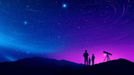 Fototapeta premium A family stargazing under a mesmerizing night sky filled with stars and cosmic wonders, exploring the universe together